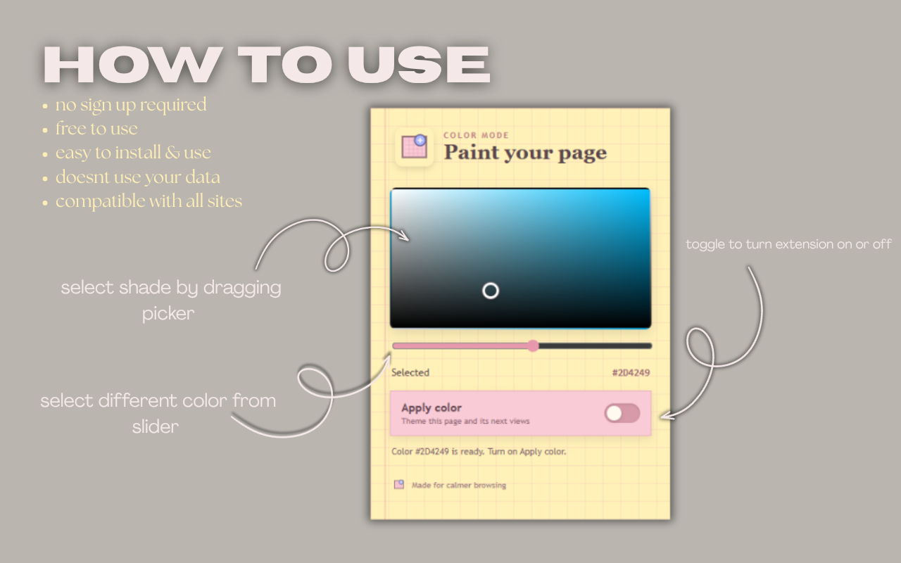 ColorShift interface showing how to select a color and toggle the extension